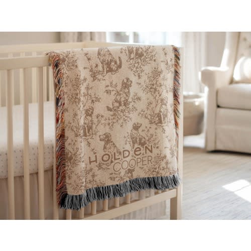 Personalized Golden Retriever Toile Blanket Heirloom Nursery Decor Custom Name Woven Throw Newborn Gift Dog Print Baby Shower Present