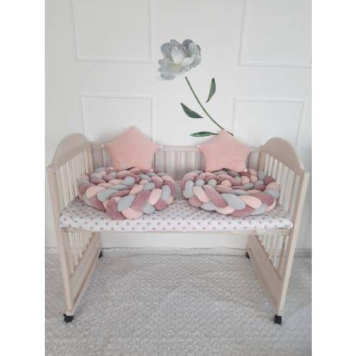 Rose-Blush-LightGray Braided Crib Bumper - Weaving in 3 Strips