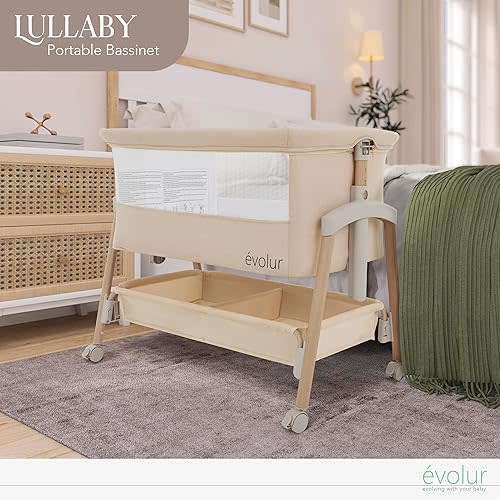 Lullaby Portable Bassinet with Wheels, Adjustable Bedside Sleeper, Breathable Mesh Sides, Large Storage Basket, Easy Fold, and Travel Bag Included, Perfect for Newborns & Infants - Biege