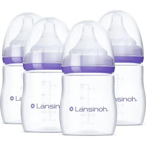 Lansinoh Anti-Colic Baby Bottles for Breastfeeding Babies, 5 Ounces, 4 Count, Includes 4 Extra Slow Flow Nipples, Size XS
