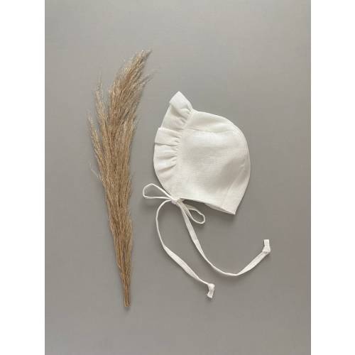 Ruffle Linen Baby Bonnet: White Beach Hat, Ivory Ruffled Toddler Sunbonnet, Little Girl Sun Hat, Christening Bonnet