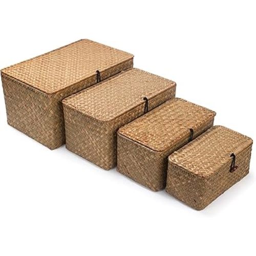 Wicker Basket with Lid, Seagrass Storage Basket, Woven Baskets for Storage, Decorative Storage Baskets for Shelf Organizing, Natural