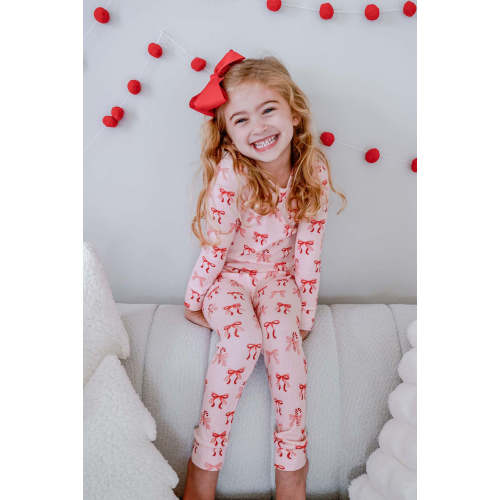 Christmas Bamboo Waffle Two-Piece Pajama Set in Peppermint Bows | Caden Lane