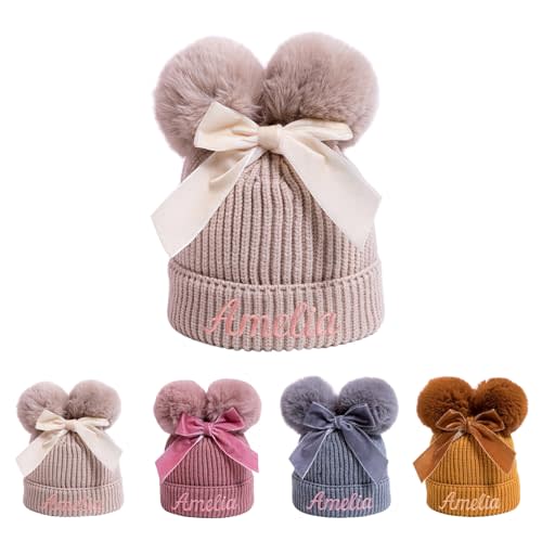 Custom Baby Beanie Hats, Personalized Name Double Bobble Embroidered Knit Hat with Bow, Warm Infant Toddler Winter Hat