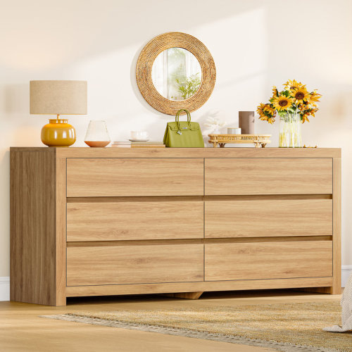 Latitude Run® 55" Modern Dressers & Chests of 6 Drawers with Metal Handles, 6-Drawer Dresser, Wooden Dresser TV Stand, Bedroom Dressers, Natural | Wayfair