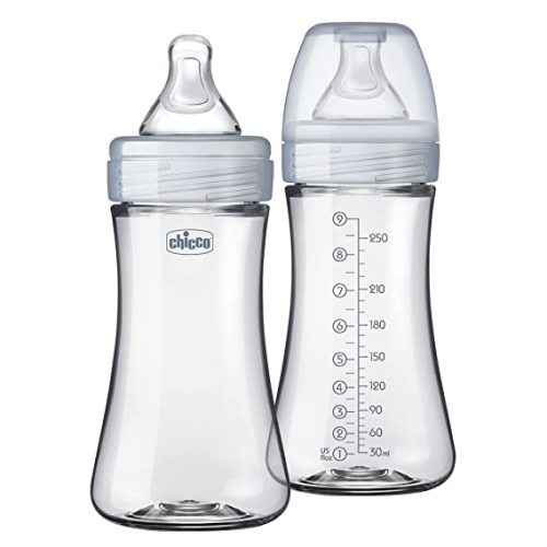 Chicco Duo 9oz Hybrid Baby Bottle, Real Glass Inside, Lightweight Plastic Outside, Patented Invinci-Glass Technology, Intui-Latch Nipple, 2-Pack, Clear/Grey
