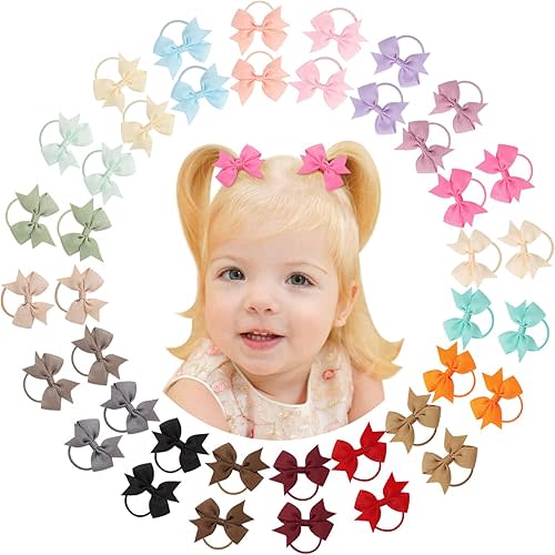 Jollybows 40PCS Baby Girls Hair Bows Ties Boutique Elastic Hair Rubber Ribbon Hair Band Accessories for Kids Toddlers Infants