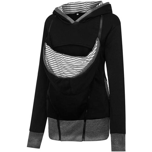 Women’s Maternity Breastfeeding Kangaroo Hoodie Sweatshirt Jacket for Baby Carrier Wrap Top Wearing Care Shirts Coat - Black - X-Large