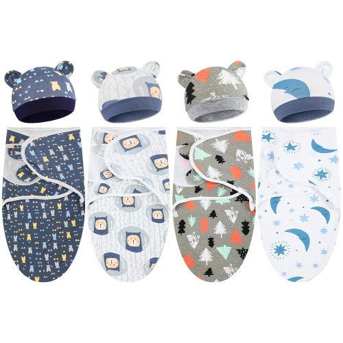 Buryeah 4 Pack Preemie Swaddle Blanket Wrap Set with Hat for Baby Boys Girls 3-7 Lbs Preemie Newborn Clothes Sleepers Cap