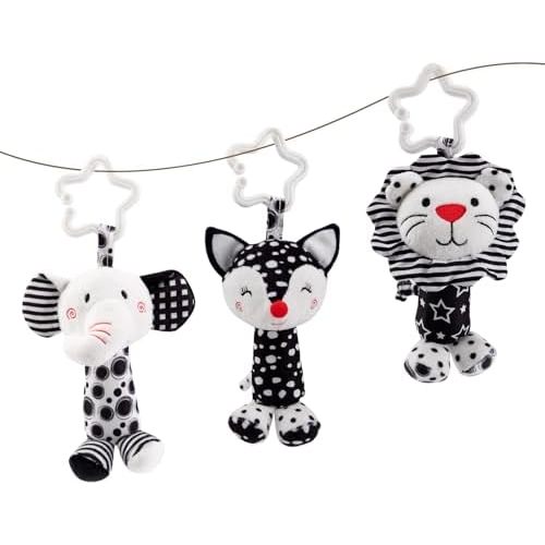 JINBOBUBU Black & White Baby Wind Chime Hanging Toys - High Contrast Rattles for Newborns 0-12 Months, Stroller & Car Seat Mobile, Hanging Rattle Toys for Babies, Clip Hanging Plush Squeeze Toys