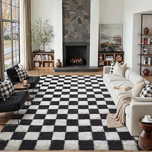 Checkered Rug 8x10 for Living Room, Black and White Modern Shag Rug Washable Non-Slip Large Area Rug Super Soft Indoor Fuzzy Carpet Fluffy Rugs for Bedroom Home Aesthetic Decor