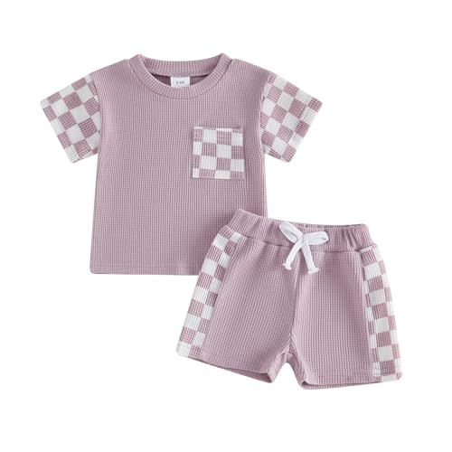 allshope Toddler Baby Girl Summer Outfit Checkerboard Patchwork T Shirt Tops Elastic Waist Shorts Newborn Infant Clothes Set