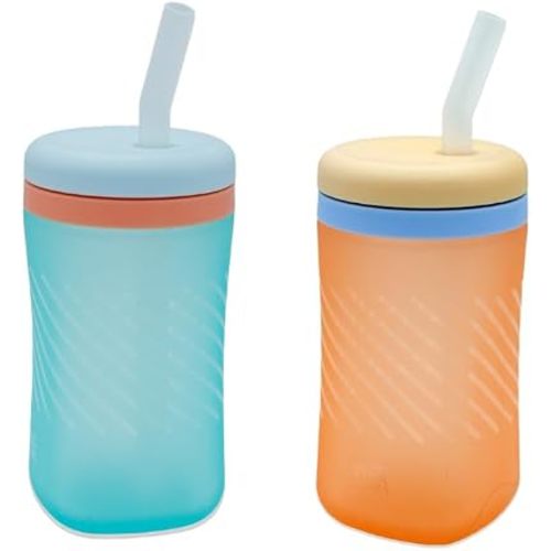 The First Years Silicone Squeeze & Sip Straw Cup - Spill-Proof Toddler Training Cups - Dishwasher Safe - Orange and Blue - 7 oz - 2 Count - Ages 6 Months+