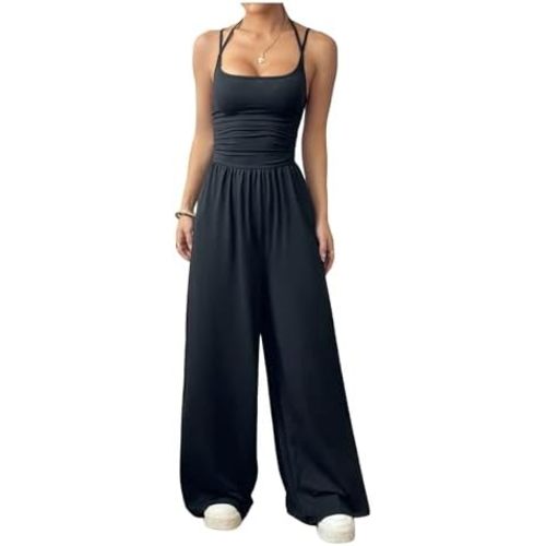 Floerns Women's Summer Jumpsuit Spaghetti Strap One Piece Outfit Wide Leg Baggy Pants Romper