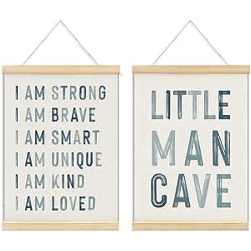 ULEGIE Boy Nursery Decor Posters Framed with Wood Hanger, Little Man Cave Sign for Boys Kids, Boys Room Decor, Toddler Room Decor, Art Prints for Nursery Playroom Bedroom, 2 Pack 12 x 16 Inches-Blue
