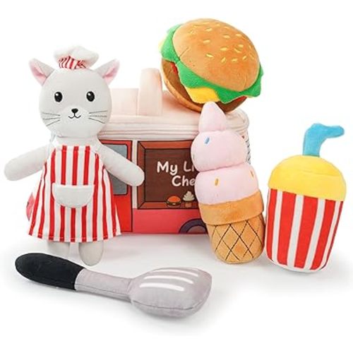 Stuffed Plush Chef Kit for Baby Toddler, 6-Piece My Little Playset, Sensory Pretend Play Toy with Food Truck/Cat Chef/Spatula, Boy Girl Infant Newborn Gifts