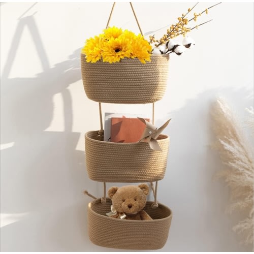 Over the Door Hanging Basket, 3-Tier Woven Cotton Wall-Mounted Storage Nursery Baskets, Jute, TeoKJ