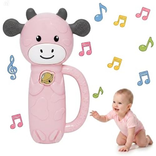 MooMoo Baby Musical Toy, 4‑in‑1 Light‑Up Sensory Toy & Teether for 3–24 Month Babies, BPA‑Free with Easy‑Grip Handle, Cute Cow‑Shaped Travel Toy for Car Seat & Stroller (Pink)