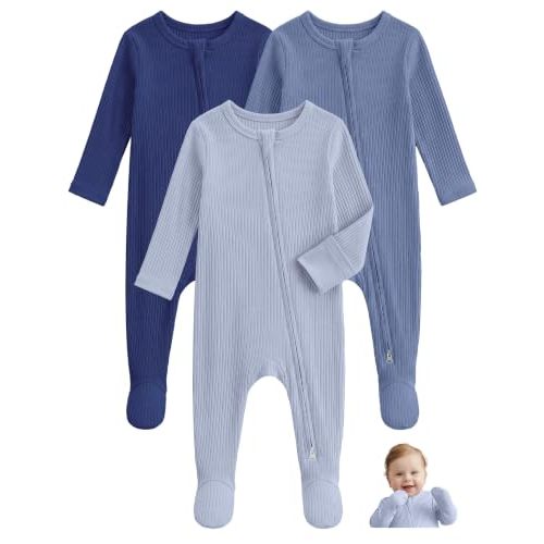 Unnivoll Viscose Bamboo Baby Pajamas Baby Sleepers Baby Boys Girls Clothes | Footie Pajamas for Newborn 0-3 3-6 6-9 Months, 3Pcs Soft Infant Footed PJs with Mitten Cuffs, Two Way Zipper, Long Sleeve