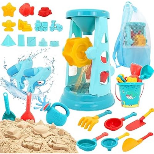LUCKFUTURE Beach Toys, 25 Pcs Sand Toys Set for Kids Including Water Gun, Sifting Funnel, Bucket, Watering Can, Sand Molds & Mesh Beach Toy Bag, Sandbox Toys for Toddlers 3-12