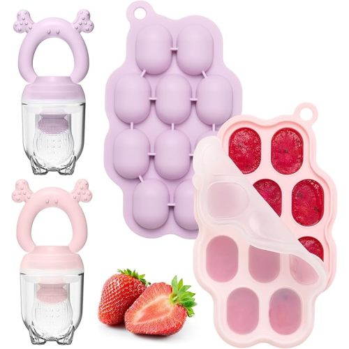 KingKam Baby Breastmilk Popsicle Molds & Baby Fruit Feeder (2 Pack), Baby Food Freezer Tray Storage Containers, Silicone Pacifier Feeder and Teether