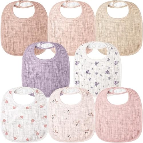 Bearmoss Baby Bibs for Drooling and Teething 100% Cotton Muslin Bibs for Baby Boy & Girl,Adjustable, Ultra Absorbent,8 Pack