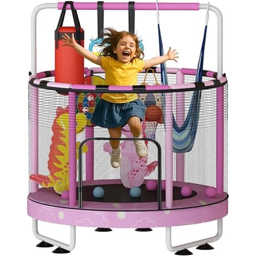LAMERGE 55" 7-in-1 Round Trampoline for Kids Boys & Girls Ages 1-8, Indoor & Outdoor Trampoline for Fun, Adjustable Height Handrail ＆ Enclosed Safety Net ＆ Durable Designs for Toddlers Children