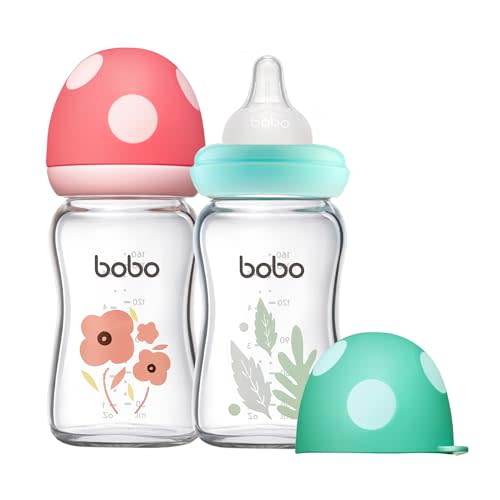 YOHKOH Natural Glass Baby Bottle with Level 1 Slow Flow Nipple, Newborn Anti-Colic Baby Bottles, Wide Neck Mushroom Baby Glass Bottle ((5.4oz (Pack of 2), Multicolour)