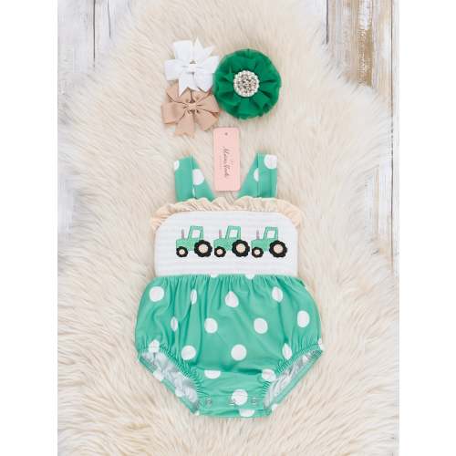 Polka Dot Tractor Smocked Bubble Romper