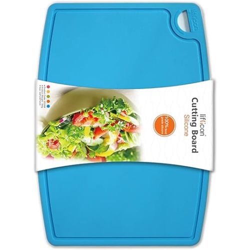 Liflicon Thick Silicone Cutting Board 12.6'' x 9.1'' Foldable & Flexible Design Juice Grooves Easy Grip Handle Dishwasher Safe-Blue