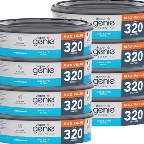 Diaper Genie Essentials Round Refill 8-Pack | Holds Up to 2560 Newborn Diapers | Features Unscented Continuous Film | Compatible with Diaper Genie Complete and Expressions Pails,8 Count (Pack of 1)