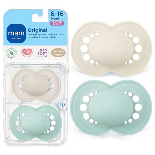 MAM Original Baby Pacifier 6-16 Mths, Skin Soft Silicone Nipple, 2 Pack
