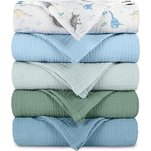 Muslin Receiving Blankets 5 Pack, Soft Swaddle Wraps for Newborn Babies