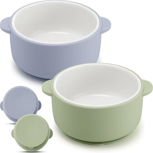 Domensi 2 Sets Kids Porcelain Bowls with Suction Sleeves Toddler Suction Bowl Upgrade Durable Microwave Dishwasher Safe Cereal Soup Snack Dishes for Baby Children Feeding Supplies (Blue and Green)