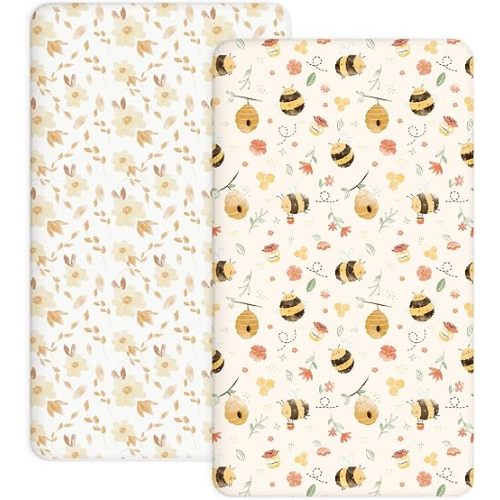 Pack and Play Sheets 2 Pack, Fitted Jersey Knit Mini Crib Sheets for Baby Boys and Girls, Compatible with Graco Pack N Play and Mini Crib Mattress (Pank N Play/Mini Crib Sheets, Honeybee Dreams)