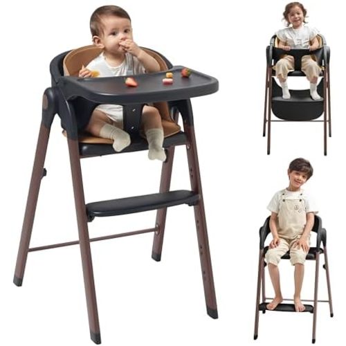 KUB Foldable Baby High Chair for Family (Black& Wood-Printed Metal)