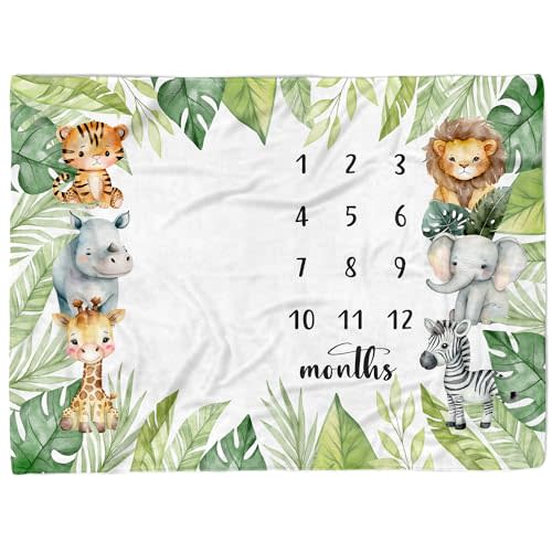 Baby Monthly Milestone Blanket for Girls, 40"x50" Safari Newborn Photo Props, 12 Month Growth Chart (Safari MDDK01)