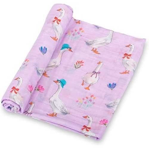 LollyBanks Baby Swaddle Blanket, 100% Cotton Soft and Breathable Muslin Swaddle Blanket for Girls, 47 x 47 Inches Newborn Blankets, Lightweight Infant Swaddles, Newborn Essentials (Goose Print)