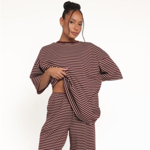Wilda Oversized Tee - Burgundy Cream Stripe | Petal & Pup USA