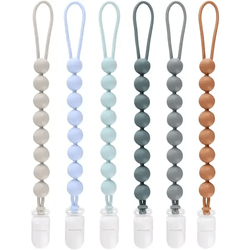 6-Pack Silicone Pacifier Clips for Baby Boys and Girls - One-Piece Beads, Rust-Free Holders, Teething Relief, Baby Necessities, Newborn Safe Baby Essentials