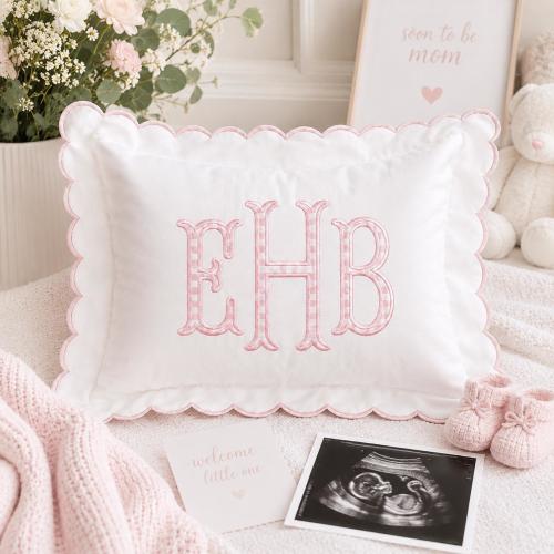 Personalized Monogram Pillow Cover, Custom Embroidered Baby Initials Pillowcase, Pink Gingham Nursery Pillow Decor