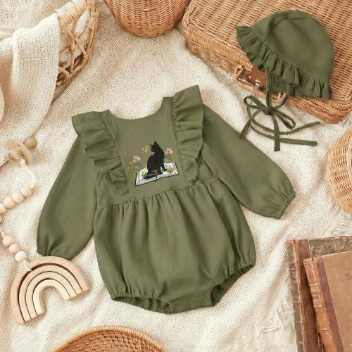 Embroidered Black Cat Ruffled Linen Romper, Bookish Baby Romper, Baby Shower Gift, Newborn Apparel, Coming Home Outfit, Cat Lover Gift