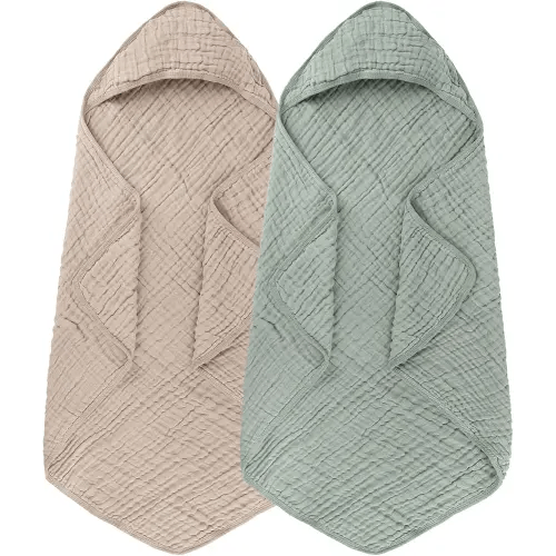Synrroe 2 Pack Hooded Muslin Cotton Baby Towels (Green/Brown), 32 by 32 Inches, Ultra-Soft & Breathable for Baby Bath Time