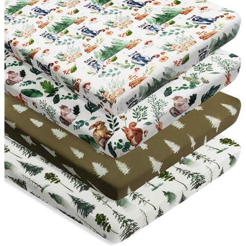 4 Pack N Play Sheets Woodland Forest Animals Wood Neutral Unisex Fitted Baby N Play Sheets Fitted for Standard Pack and Plays and Mini Cribs Set for Baby Boys or Girls (Raccoon)
