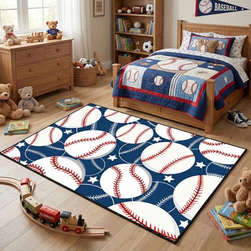 Baseballs Rugs for Boys - Baseball Rug for Room Boy Kids Bedroom Sports Rug Baseball Sports Carpet Floor Mats Kids Room Rugs, 3'×4'