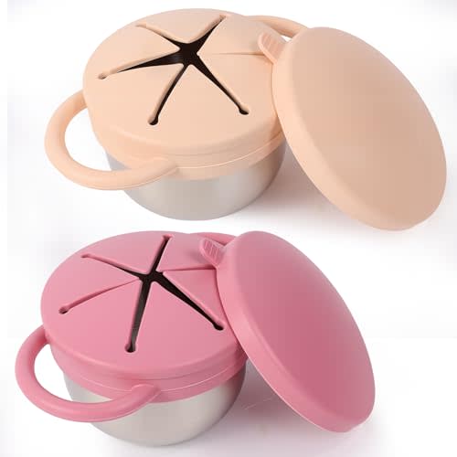 Solinfant 2 Pack Stainless Steel Spill Proof Snack Cup for Baby Toddlers Kids, with Silicone Food Catcher, Travel Lid, Spill-Proof Containers, Toddlers Essentials, Non Toxic BPA Free