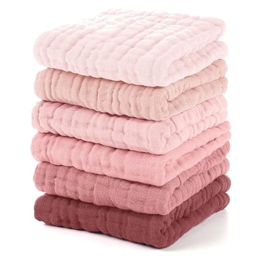 Unnivoll Muslin Burp Cloths Baby 12''X12'', Baby Washcloths 6 Pack, 100% Cotton Baby Wash Cloths Absorbent and Soft for Newborn Infants Kids Boys Girls - Gradient Pink
