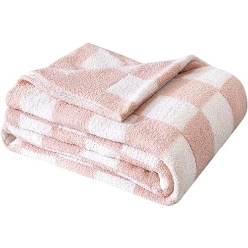 SeaRoomy Checkered Throw Blanket, Ultra Soft Microfiber Knit Throw Blanket, Cozy Fluffy Fuzzy Reversible Checkerboard Pink Blanket for Couch Sofa Bed Decor(Light Pink, 51"63")