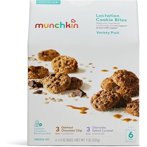 Munchkin Lactation Cookie Bites Variety Pack - Helps Increase Milk Supply for Nursing/Breastfeeding/Pumping Moms, 3 Oatmeal Chocolate Chip, 3 Chocolate Salted Caramel, 6 Pack