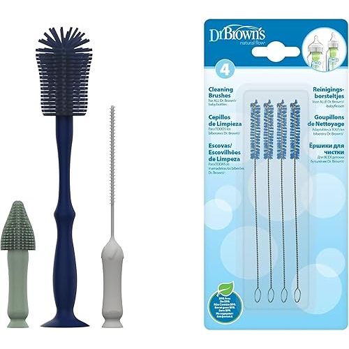 Dr. Brown's Baby Bottle Cleaning Bundle - 3-Pack Silicone Brush Set (Bottle, Spout & Straw) with 4-Pack Vent System Cleaning Brushes